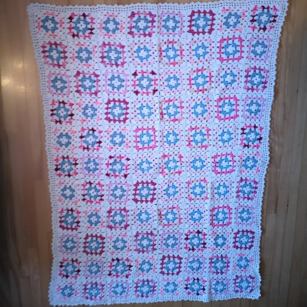 Handmade Crochet 46"x 65" Granny Square White w/ Multi Colors Afghan / Throw